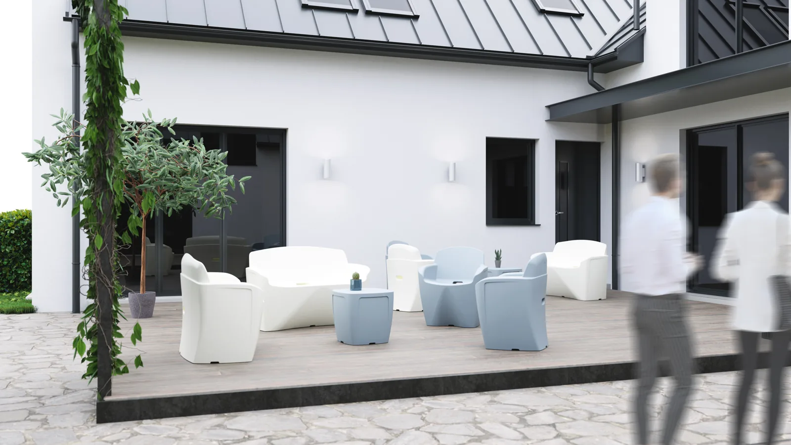 Terrasse mit Rokmob® Sitzgruppe vor einem Gebäude