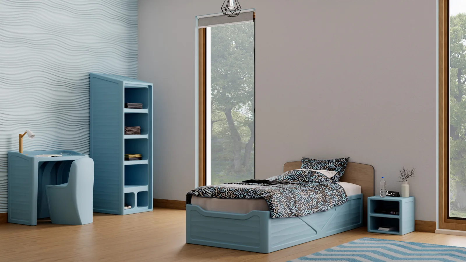 Blaues Zimmer mit Rokmob® Bett, Schrank und Schreibtisch