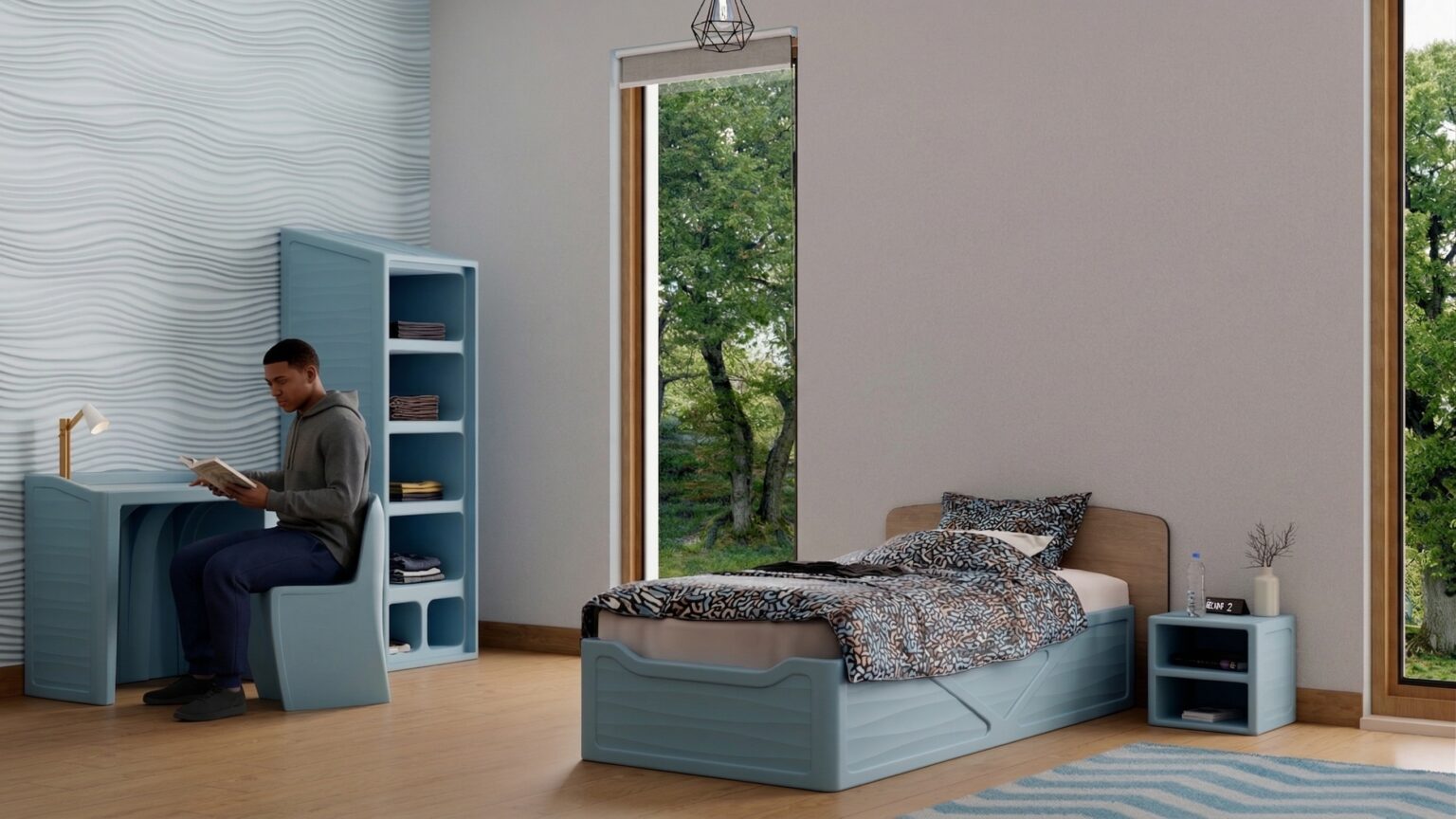 Rokmob® Zimmermöbel in einem blau gestalteten Raum