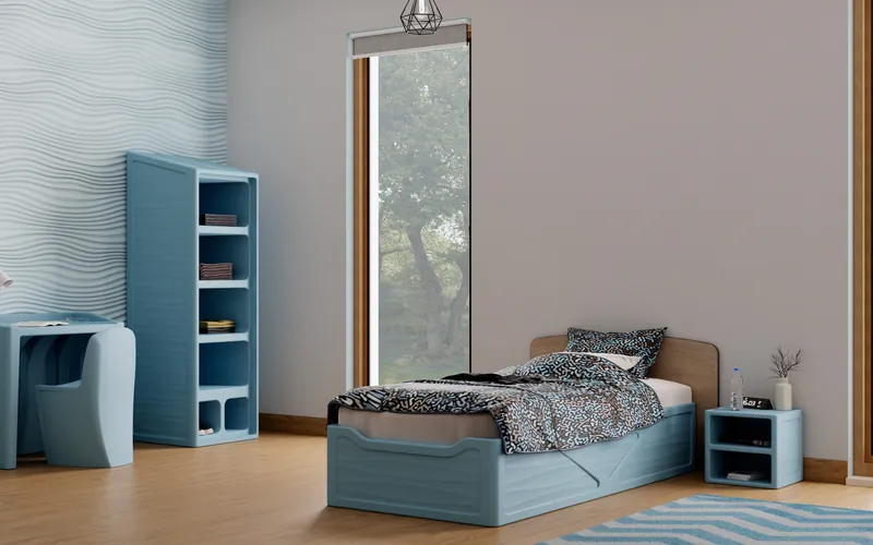 Rokmob® Zimmermöbel in Hellblau: Bett, Nachttisch, Regal und Schreibtisch